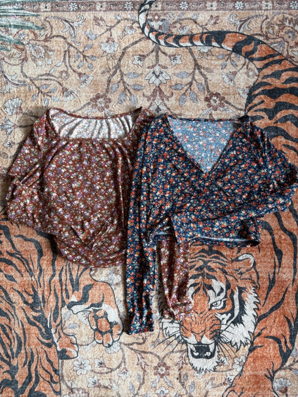 SHEIN Floral Long Sleeve Tops in Brown & Navy